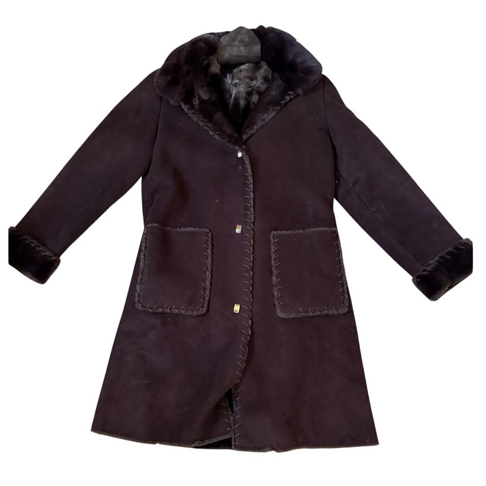 Women’s Dana Buchman Shearling Coat Size M Brown Suede Fur Trim Vintage